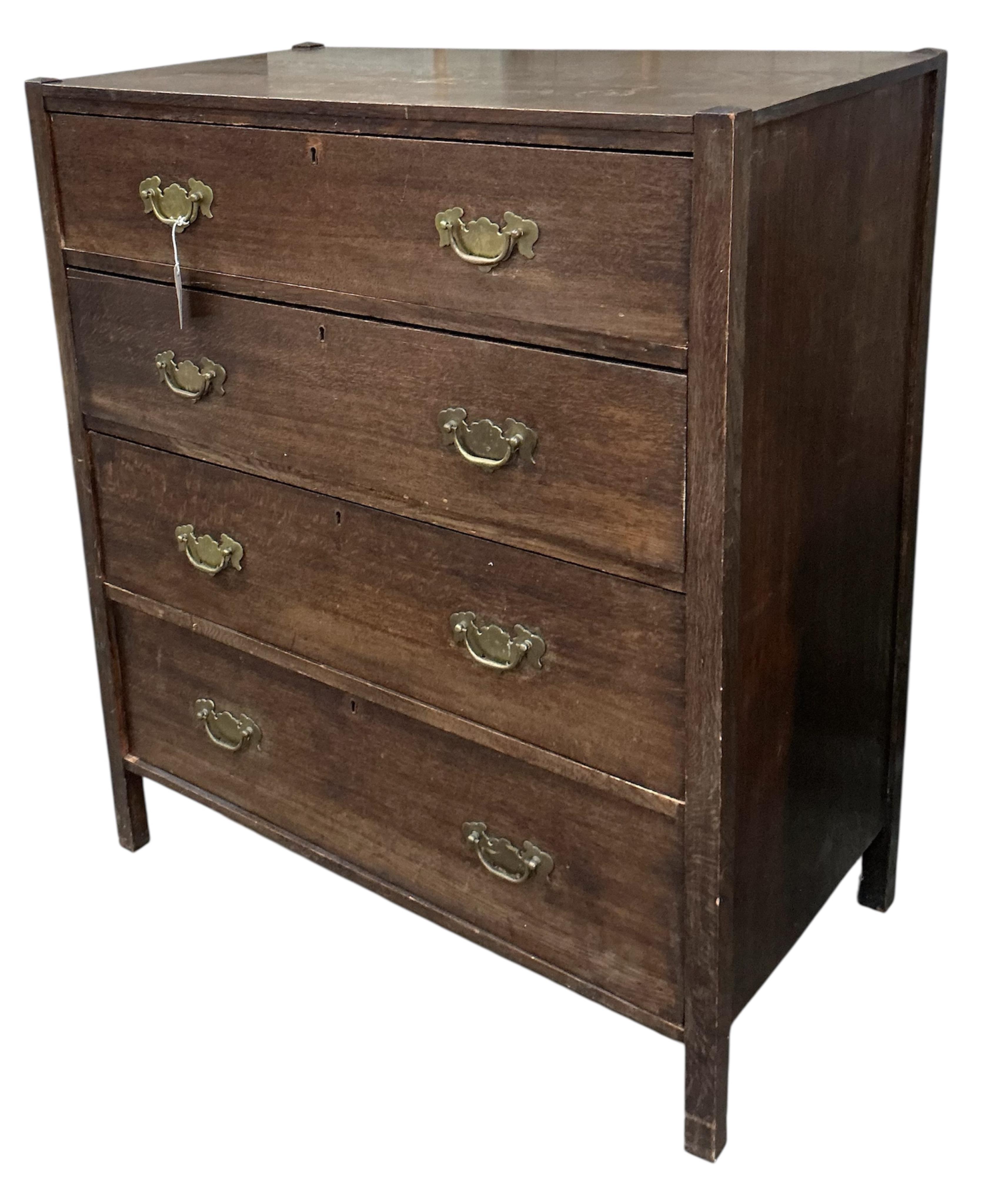 An early 20th century oak chest of four drawers, width 91cm, depth 50cm, height 106cm